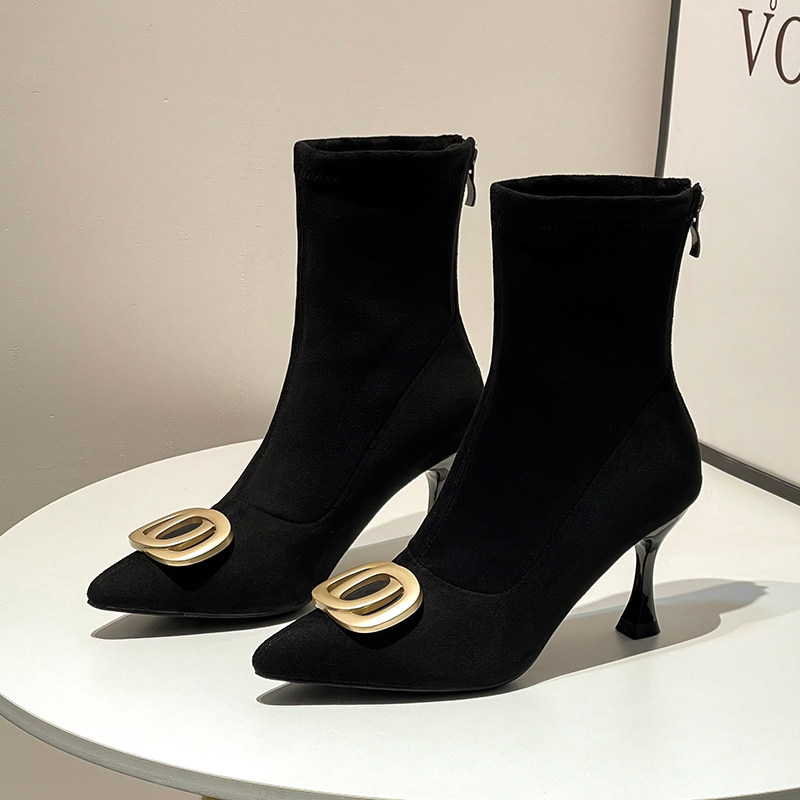 BOOTIE WOMENS FALL|WINTER 2024 NEW HIGH HEEL SUEDE BLACK POINTED TOE STRETCH STOCKINGS BOOTS STILETTO HEEL NET RED SKINNY BOOTS