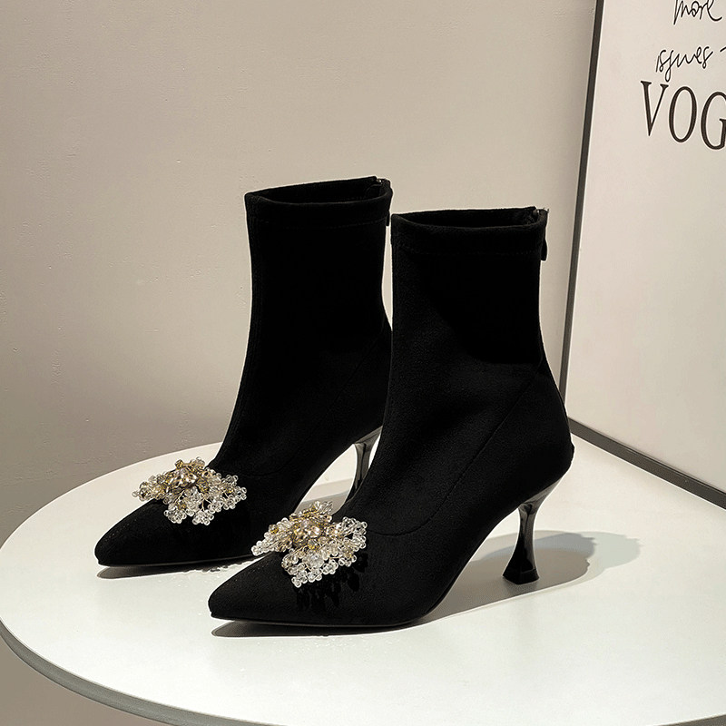 HIGH-QUALITY BOOTIES WOMENS HIGH HEELS SKINNY BOOTS 2024 NEW AUTUMN AND WINTER POINTED-TOE STRETCH BOOTS AND FLEECE KOREAN SOCK BOOTS