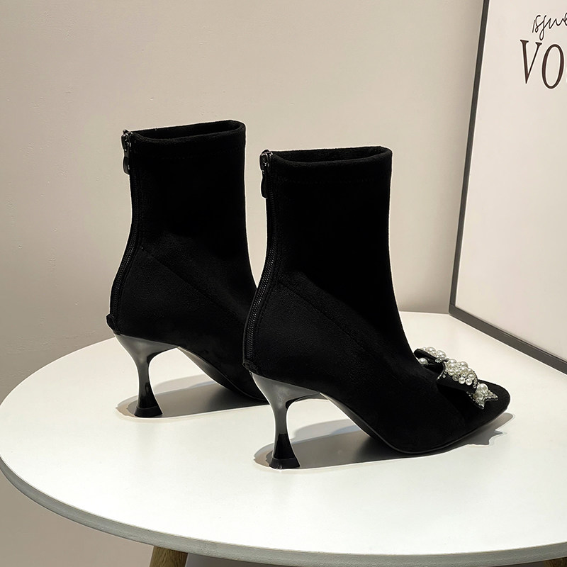 ELASTIC BOOTS SHORT BOOTS WOMENS STILETTO HEELS NET CELEBRITY SKINNY BOOTS HIGH HEELS AUTUMN AND WINTER 2024 NEW VERSATILE BLACK FLEECE SOCK BOOTS