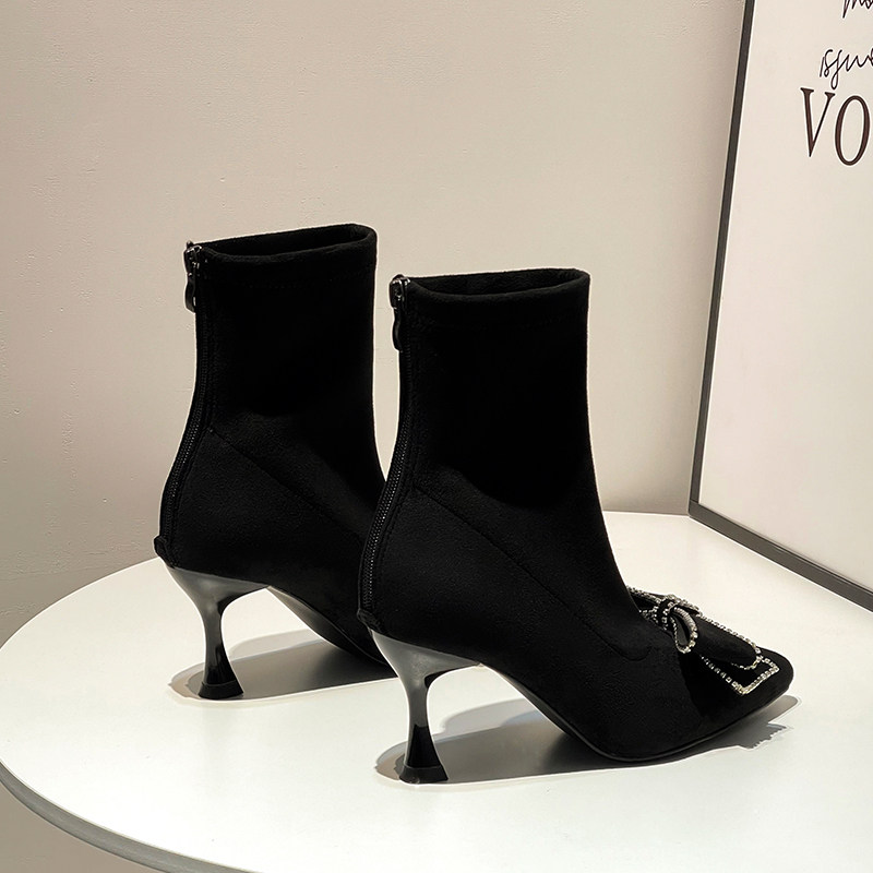 RHINESTONE BOW NET RED SKINNY BOOTS BOOTIES WOMENS BLACK SUEDE POINTED TOE STILETTO STRETCH BOOTS HIGH HEELS FLEECE BOOTS