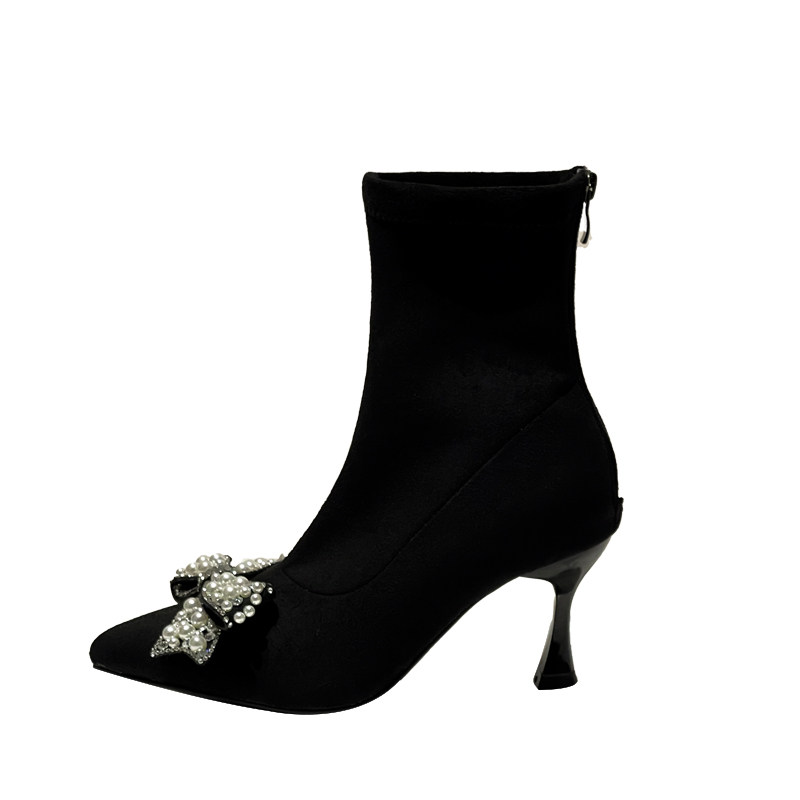 ELASTIC BOOTS SHORT BOOTS WOMENS STILETTO HEELS NET CELEBRITY SKINNY BOOTS HIGH HEELS AUTUMN AND WINTER 2024 NEW VERSATILE BLACK FLEECE SOCK BOOTS