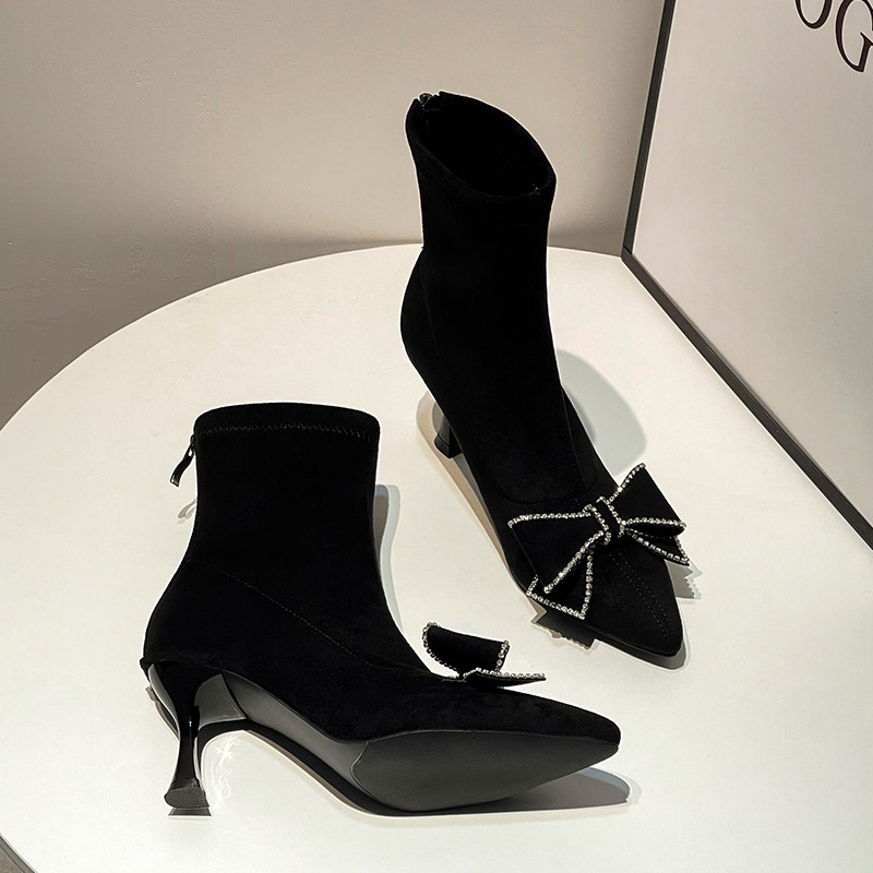 RHINESTONE BOW NET RED SKINNY BOOTS BOOTIES WOMENS BLACK SUEDE POINTED TOE STILETTO STRETCH BOOTS HIGH HEELS FLEECE BOOTS