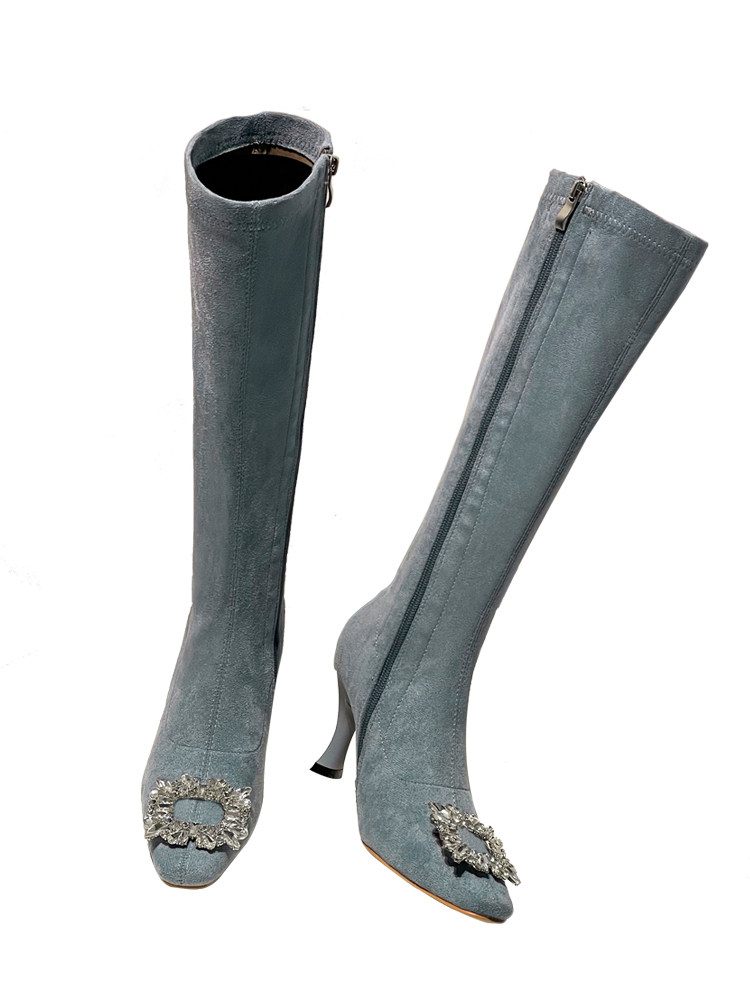 CLEARANCE TAIL GOODS BROKEN CODE BLUE BOOTS WOMENS SQUARE TOE ELASTIC BOOTS HIGH HEELS 2024 WINTER NEW VELVET THIN HEEL SKINNY BOOTS