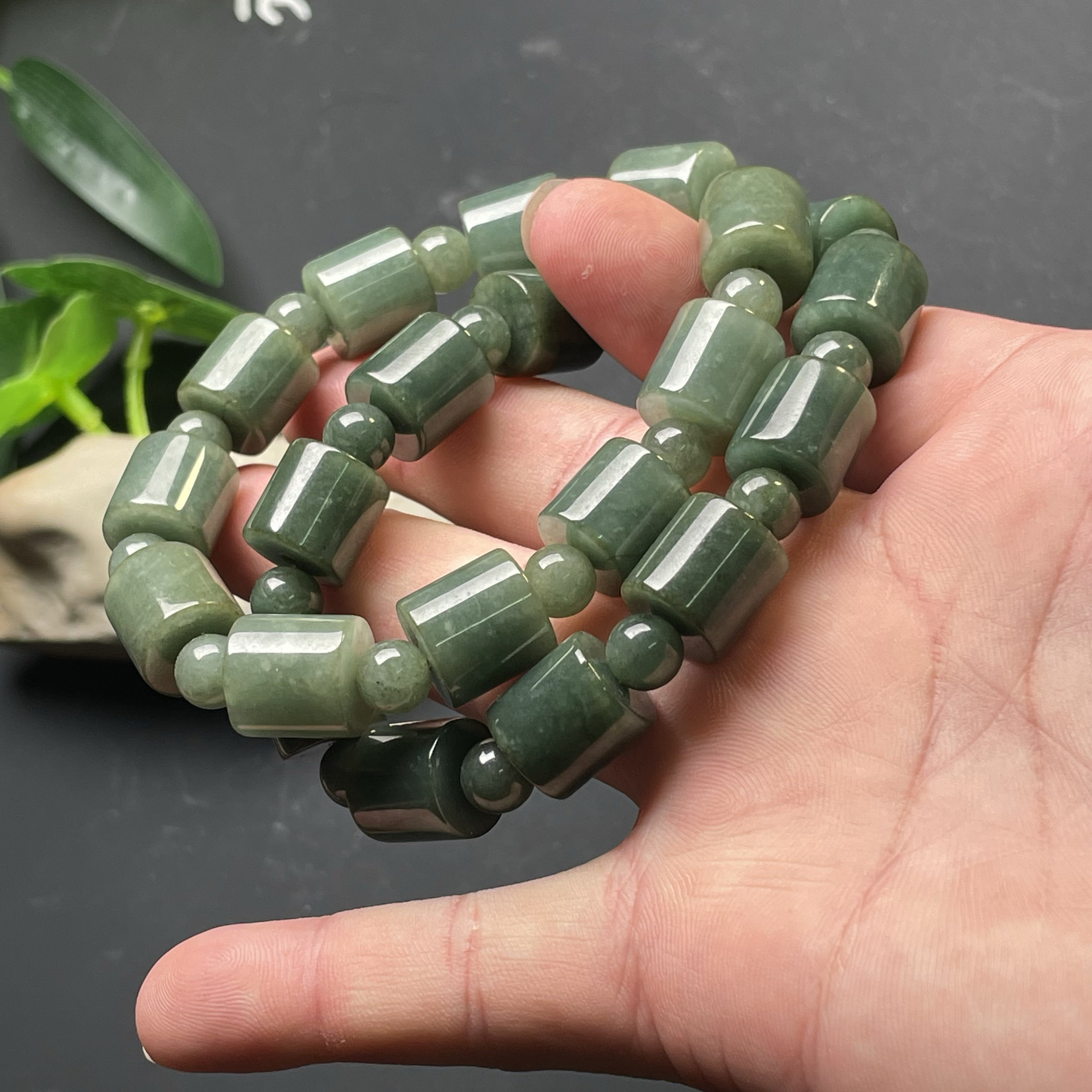 钰松斋原矿翡翠A货13mm缅甸冰糯种老坑油青手链路路通桶珠手串