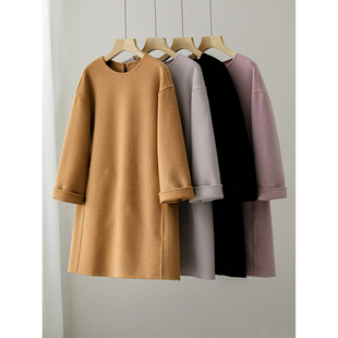 老粉自留推荐~高支羊绒羊毛双面呢 纯色圆领毛呢连衣裙 SY0335