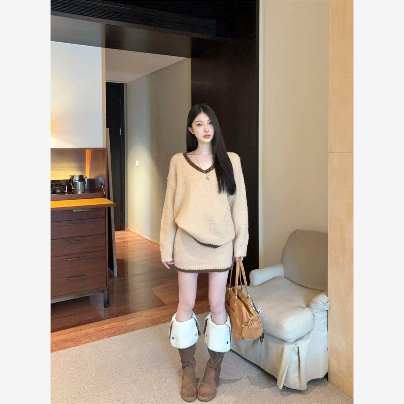 复古v领显瘦套头毛衣女秋冬新款休闲套装针织包臀半身裙两件套潮