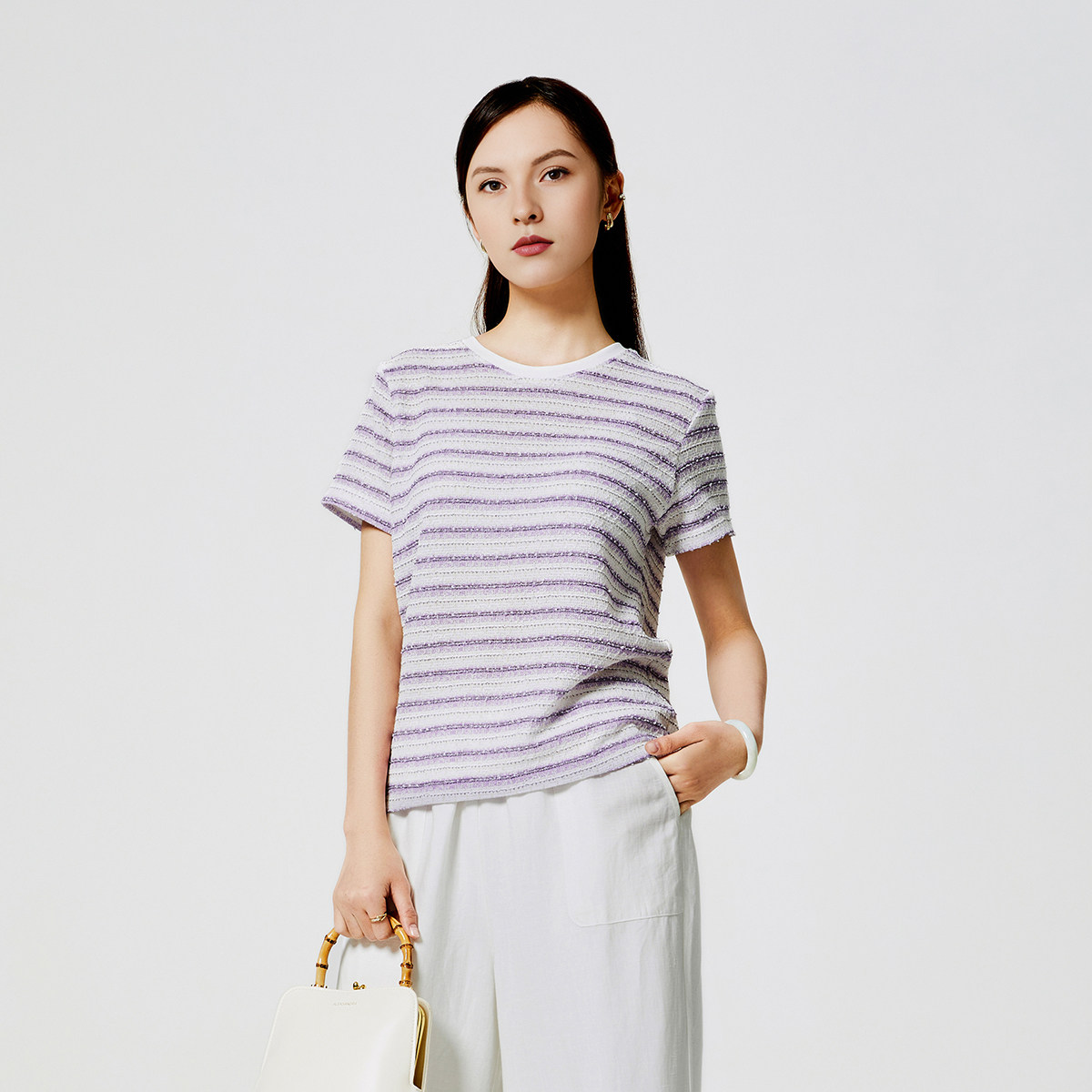 Nine West/玖熙短袖针织衫女夏季高级感时尚通勤气质百搭条纹上衣