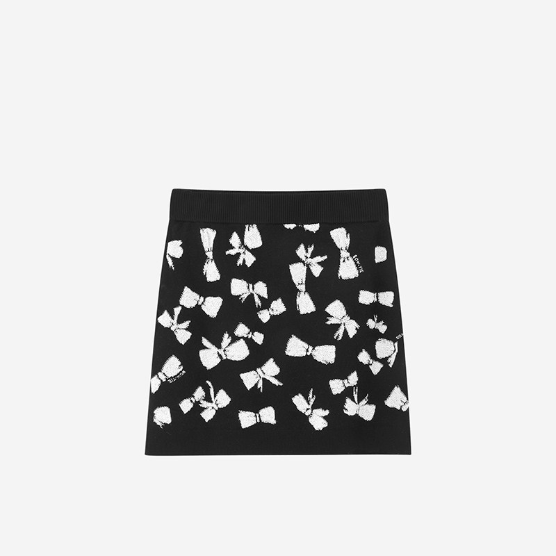 Nine West/玖熙2025秋季新款知性蝴蝶结印花针织半身裙女短裙