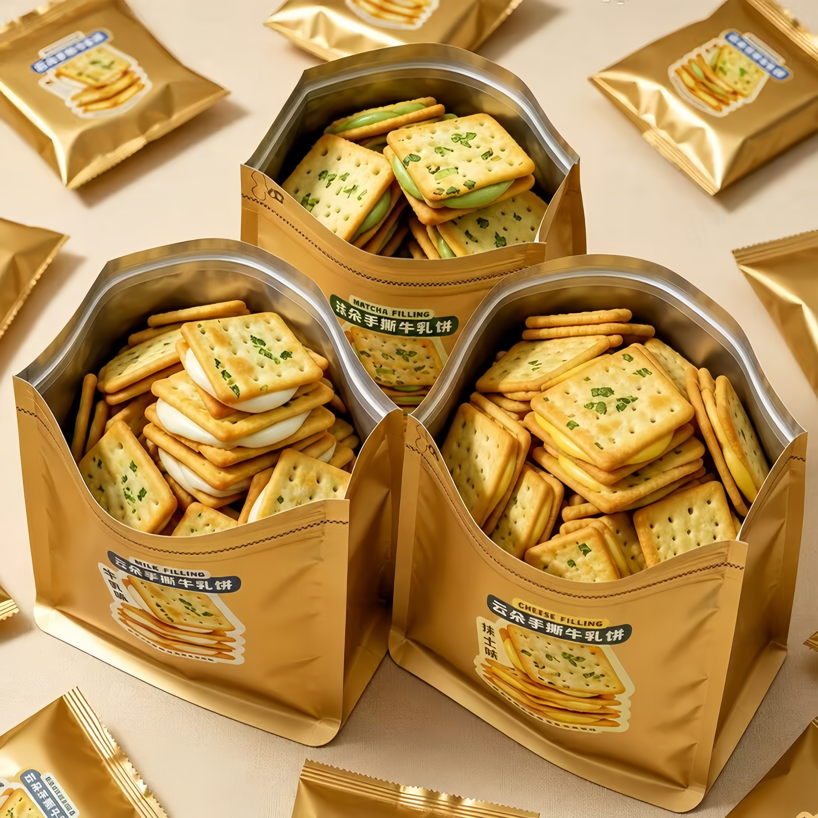 多口味手撕牛轧饼干牛乳抹茶芝士夹心饼干居家解馋休闲小点心