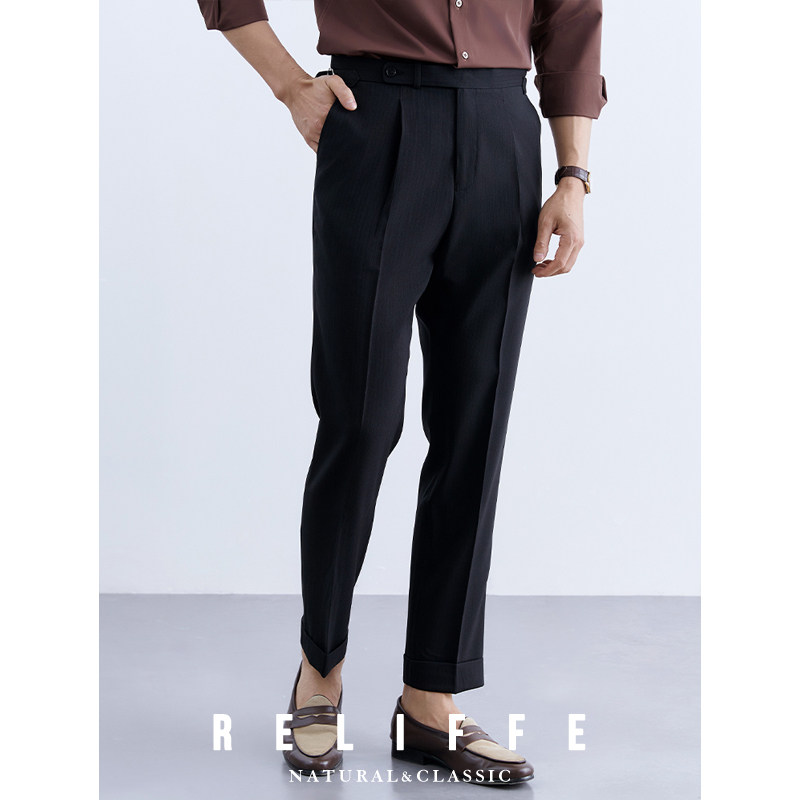 2024秋季意式巴黎扣高级感商务抗皱西裤修身休闲裤黑色长裤男裤子