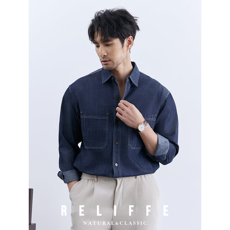 瑞莱夫方领长袖商务休闲牛仔衬衫