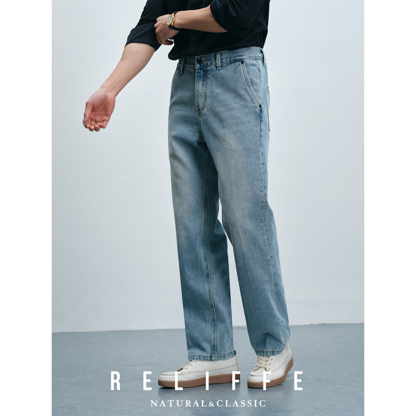 2026春季复古水洗弹力腰头浅蓝宽松直筒牛仔裤男美式百搭休闲长裤