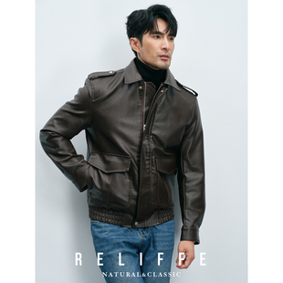 秋冬复古翻领骑行服软皮拉链男士飞行夹克轻熟痞帅高级感皮衣外套