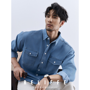 休闲百搭多口袋翻领衬衣 男士 2024秋季 复古水洗纯棉蓝色牛仔衬衫