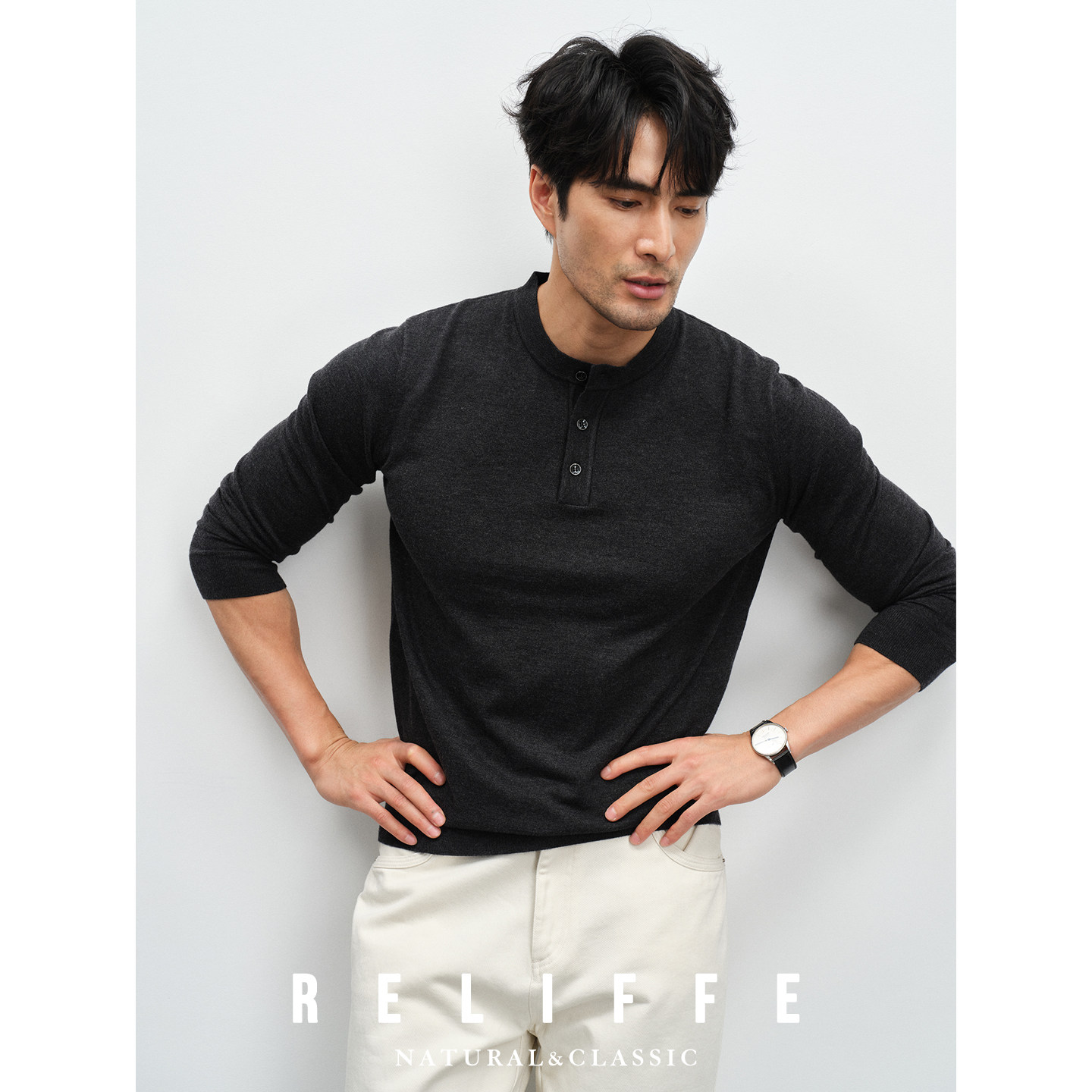 【16针工艺】高级感桑蚕丝亨利领痞帅羊毛衫男士修身打底针织毛衣