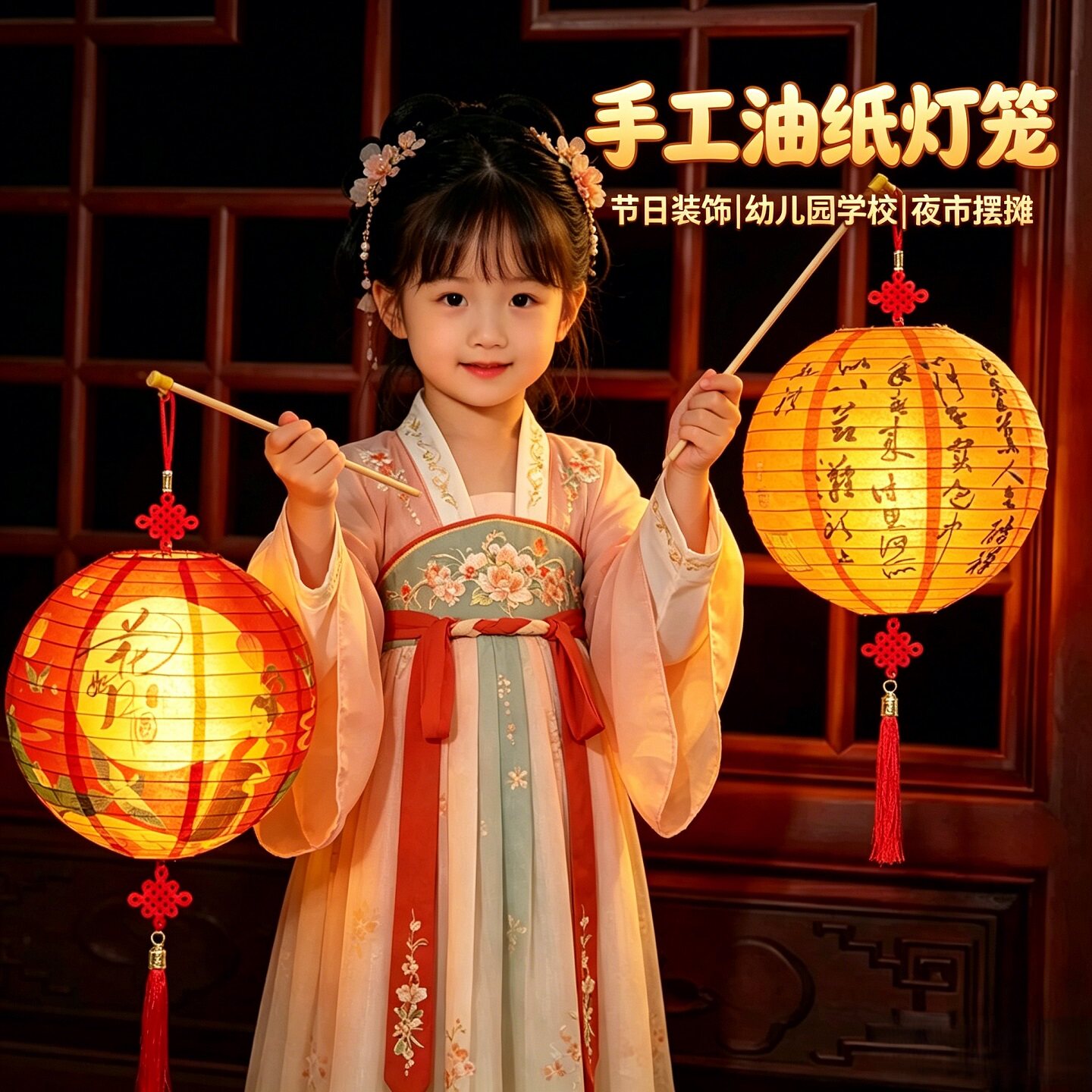 中秋节儿童手提花灯古风灯笼挂饰学校幼儿园DIY手工发光灯笼装饰