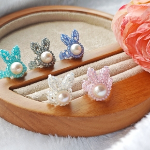 蜜糖珍珠 ［兔兔那么可爱］彩色手工重工珍珠串珠花戒 |两件打折