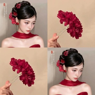 新娘红色头花玫瑰新中式花朵发簪发钗女古风汉服旗袍边夹结婚发饰