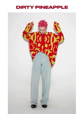 DIRTYPINEAPPLE水洗激光印花牛仔裤阔腿裤