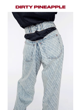 DIRTYPINEAPPLE激光印花重磅水洗直腿TiebackJeans牛仔裤