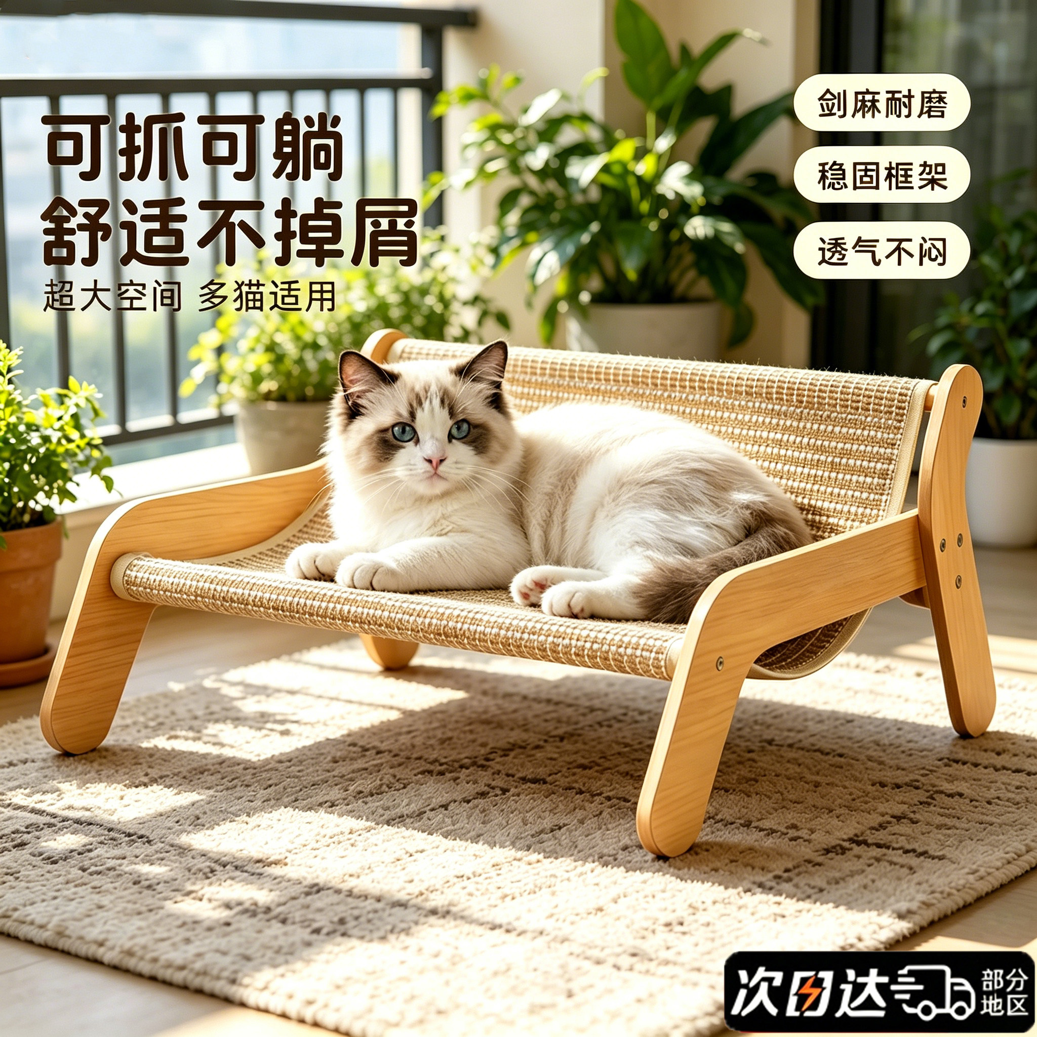 剑麻躺椅猫抓板沙发木质凉席猫窝