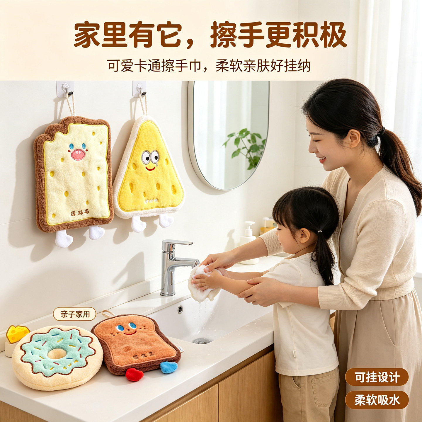 擦手巾挂式可爱吸水加厚卫生间卡通擦手帕毛巾洗手小方巾厨房抹布