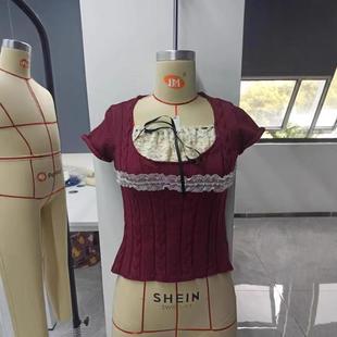 splicing ruched shirt women collar lace square slim summer