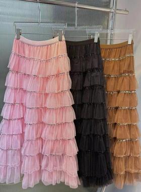 cake elastic waist sequin skirt skirt layered Womens mesh