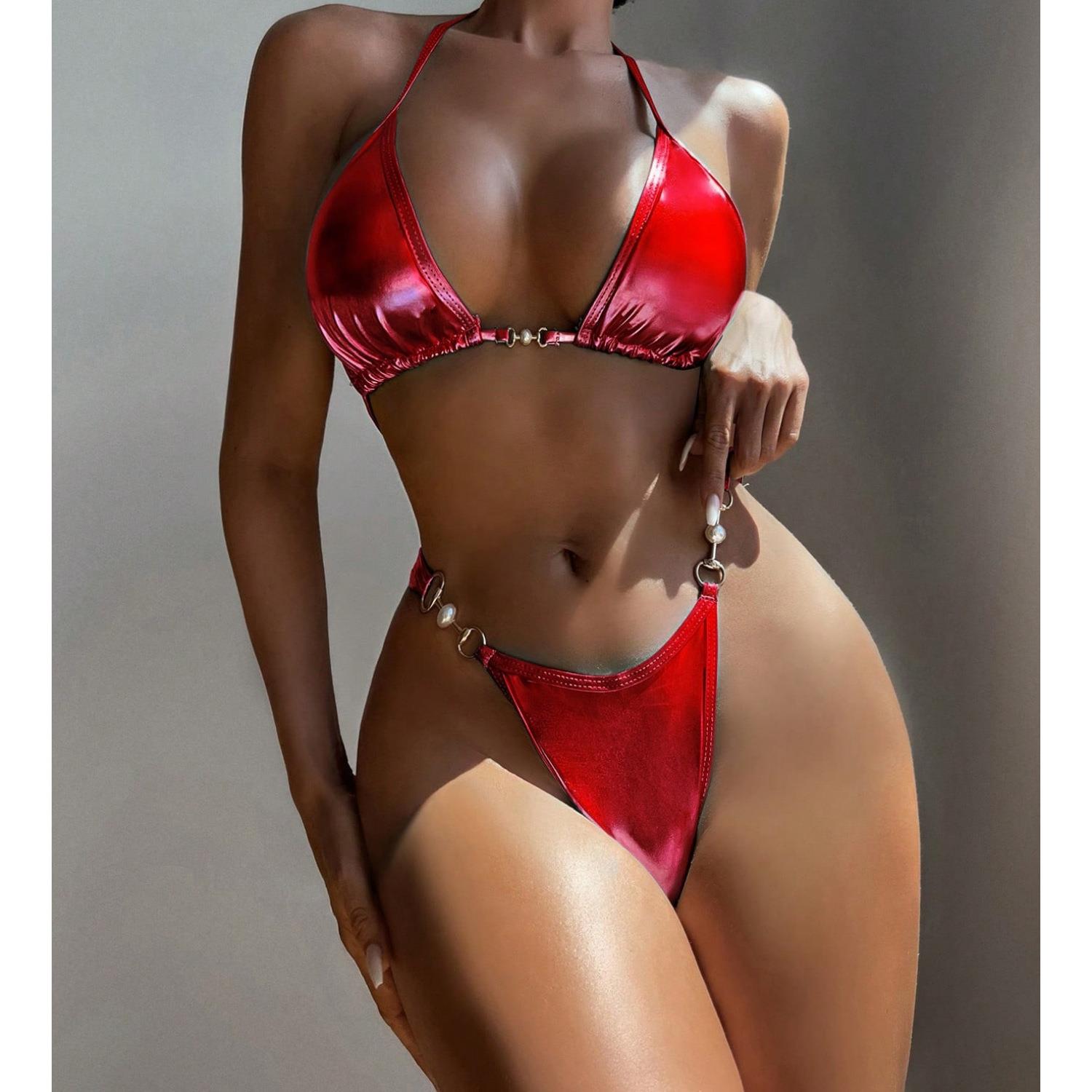 Womens sexy halter neck suspender backless bikini triangle