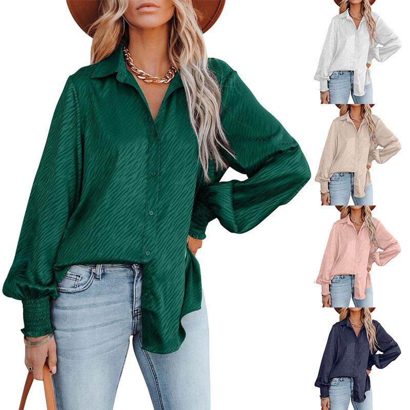 women shirt sleeve long lantern top loose button-down lapel