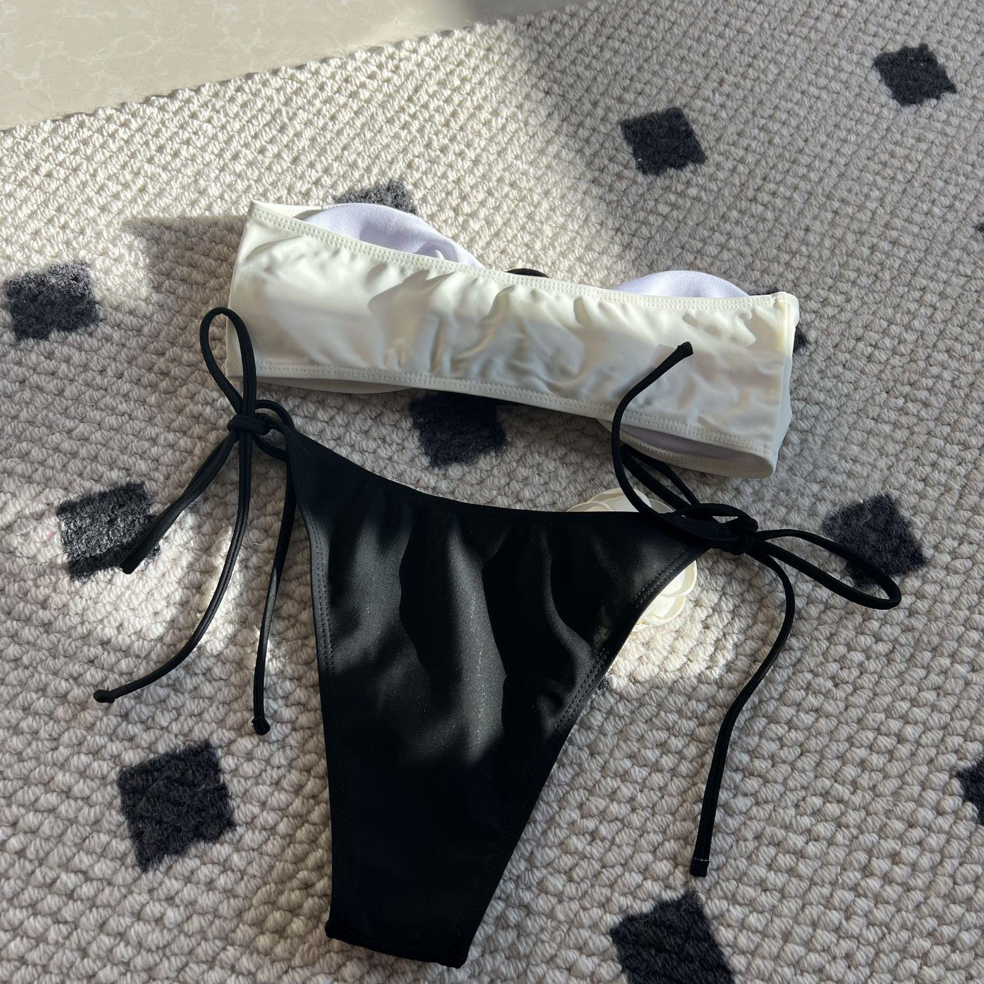 Colorblock Rose Bandeau Drawstring Tie Two-Piece Swimsuit