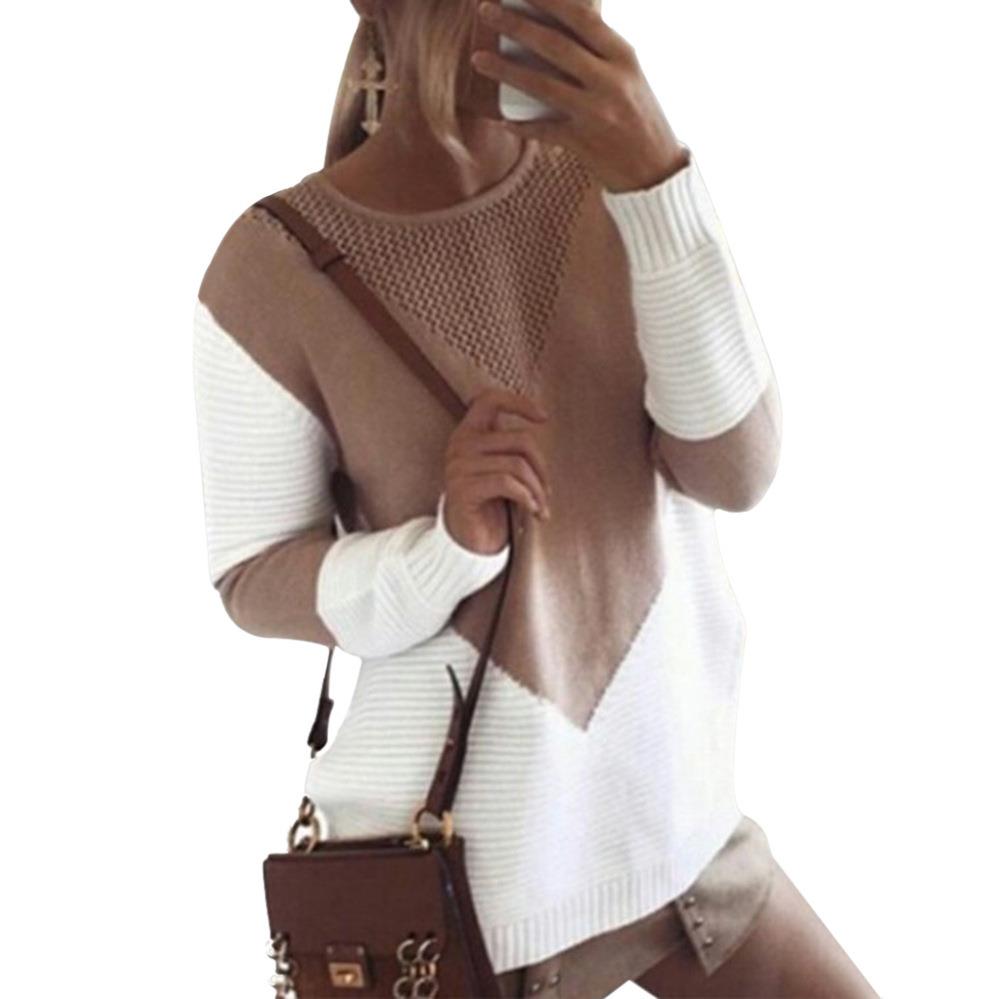 sweater slit hollow color contrast neck round sleeve long