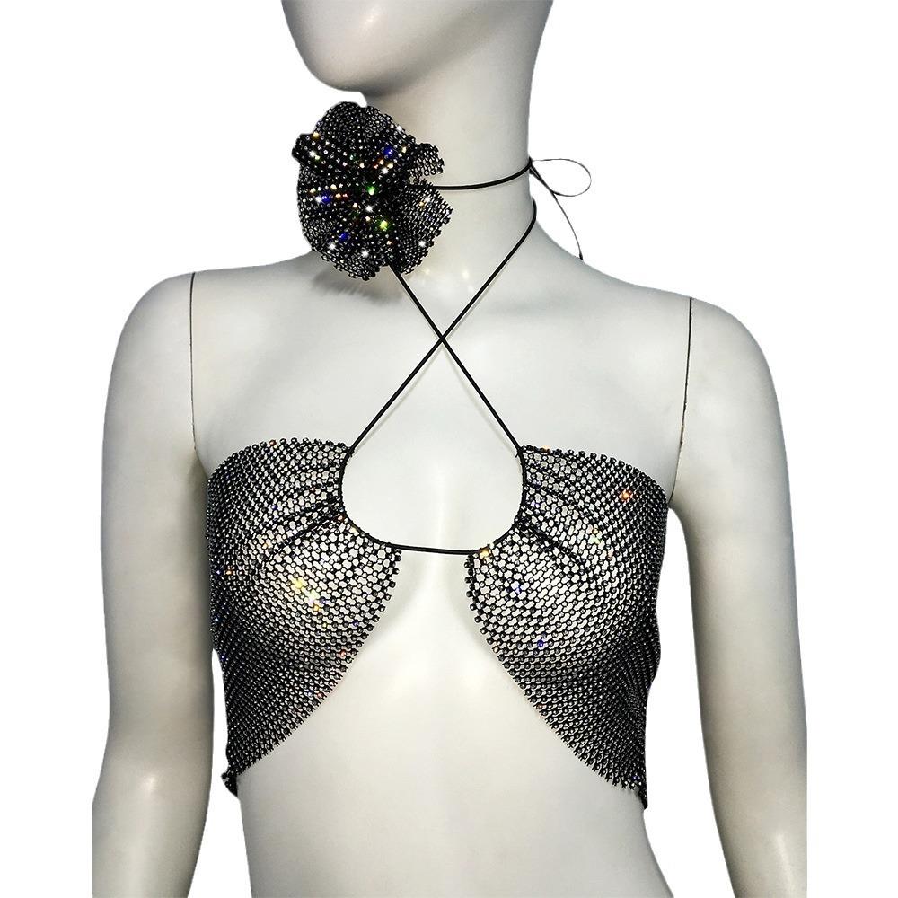 Womens Fishnet Rhinestone Halter Neck Camellia Top