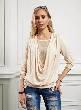 long pullover sleeved woman sequin fashion neck slim casual