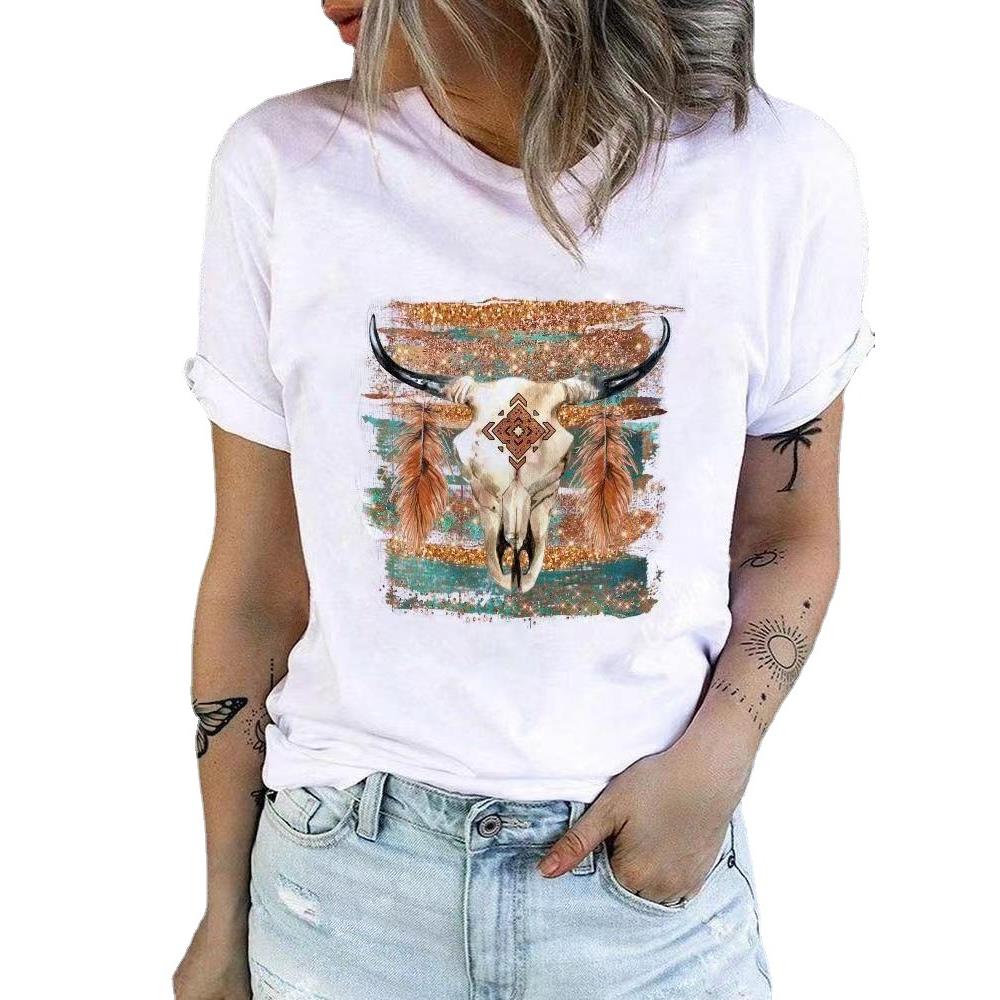 Western Fashion Round Digital Short T-Shirt Neck Womens