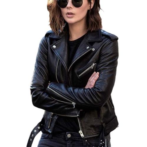 Motorcycle leather jacket womens short slim