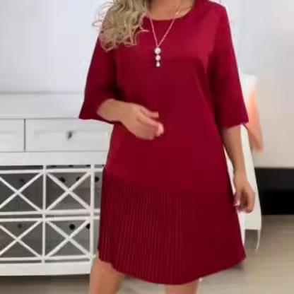 Round neck stitching hem cuffs pleated skirt back single