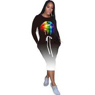 Casual Sleeve Lips Long Dress Gradient Classic