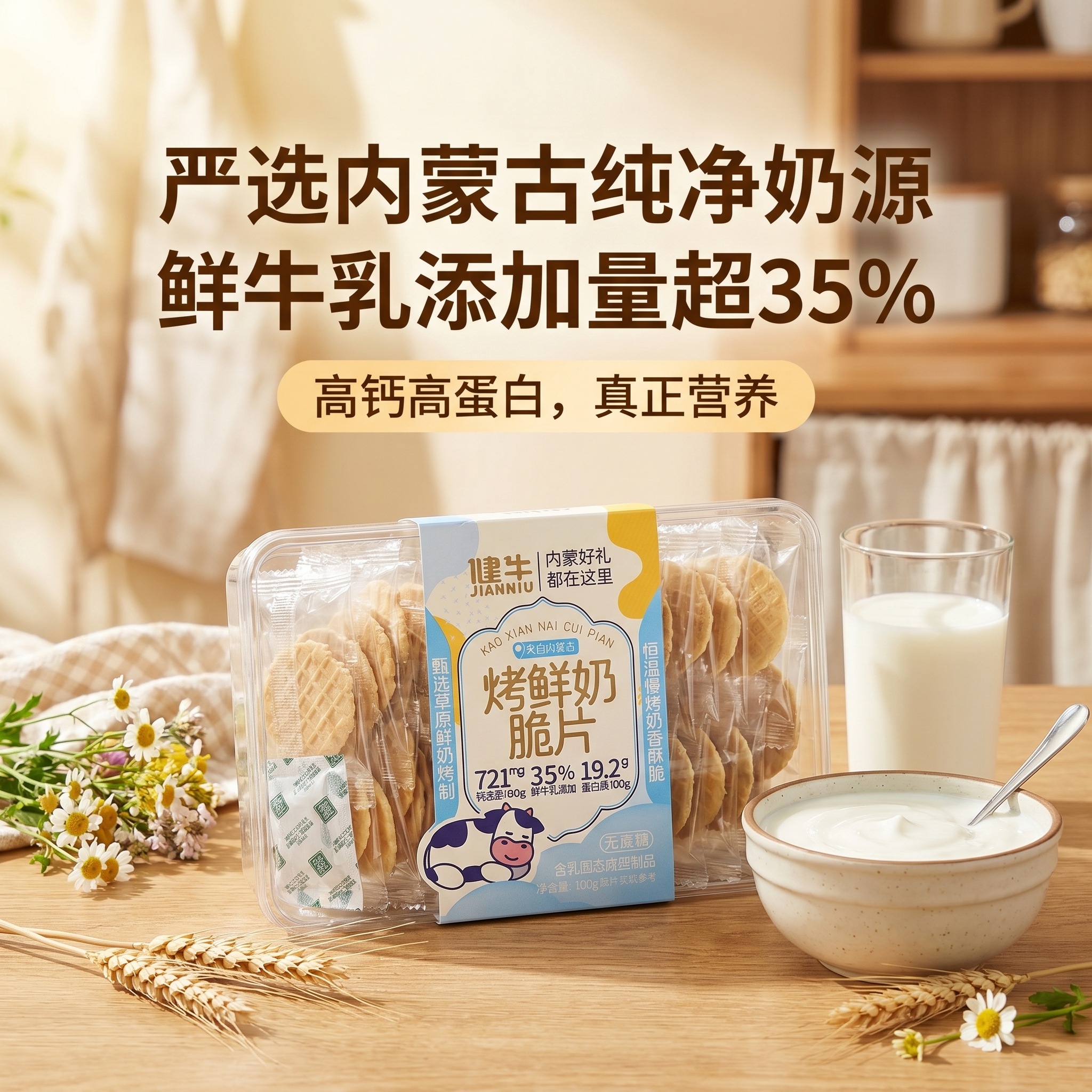 健牛烤鲜奶脆片内蒙古特产鲜牛乳薄脆饼干高钙儿童奶制小零食100g