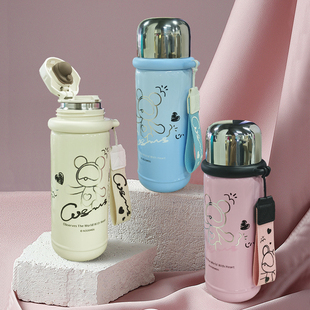 星际熊专柜新款316不锈钢保温杯快乐涂鸦系弹盖一杯双饮保温水杯