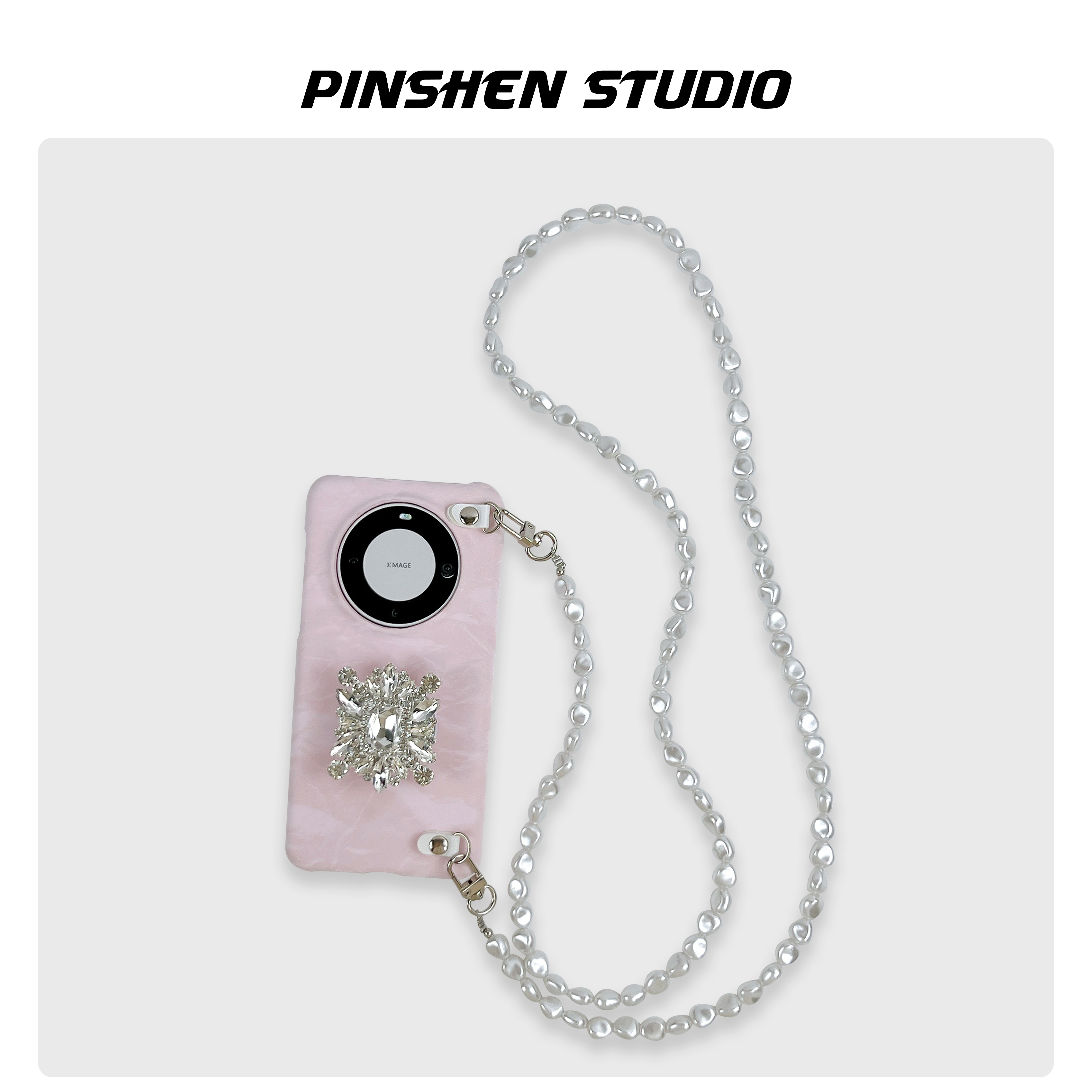 樱花粉水钻宝石支架斜挎链手机壳