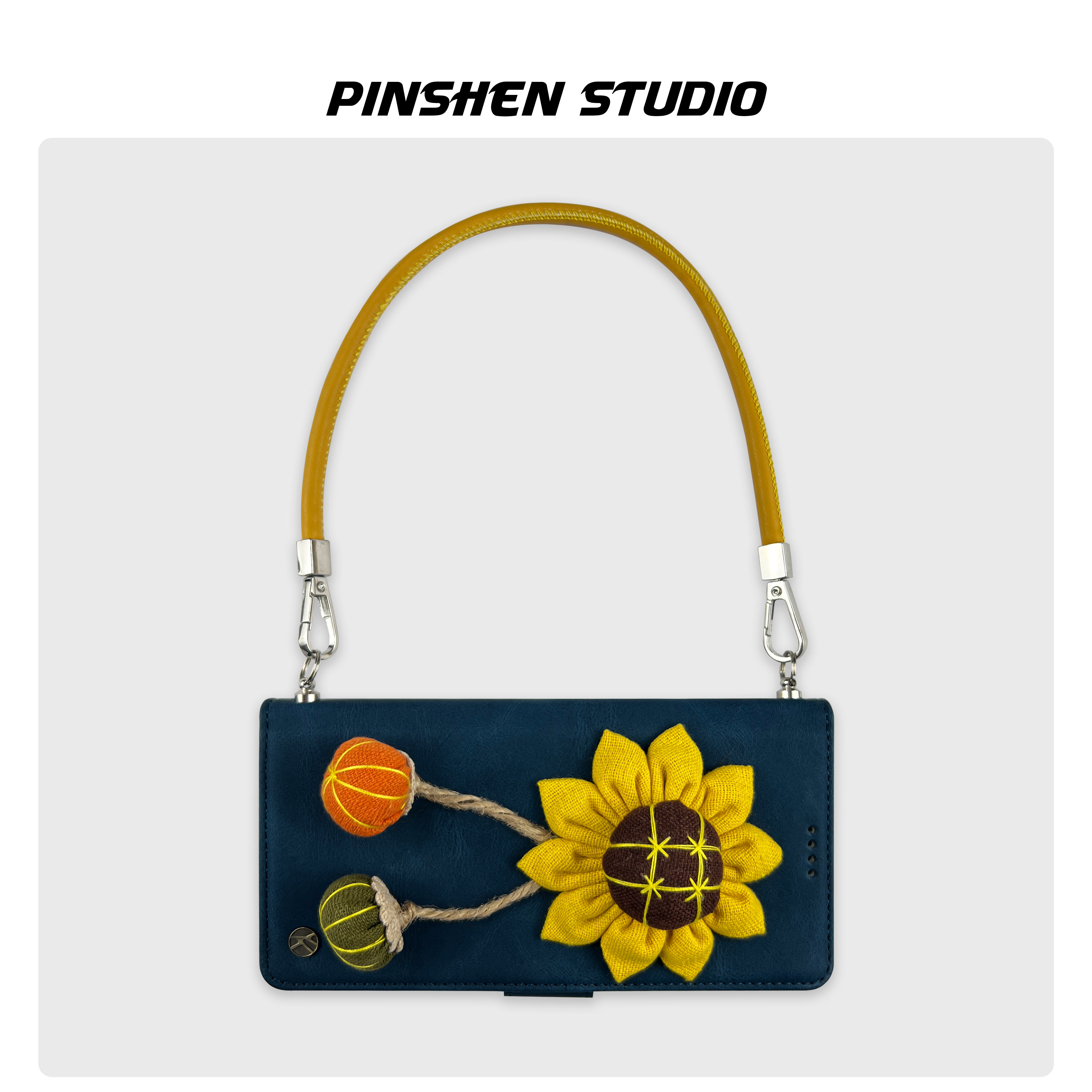 原创小众磁吸翻盖藏青色向日葵手提斜挎皮绳适用华为mate60pro手机壳全包防摔个性挂绳ins风新款苹果15保护套