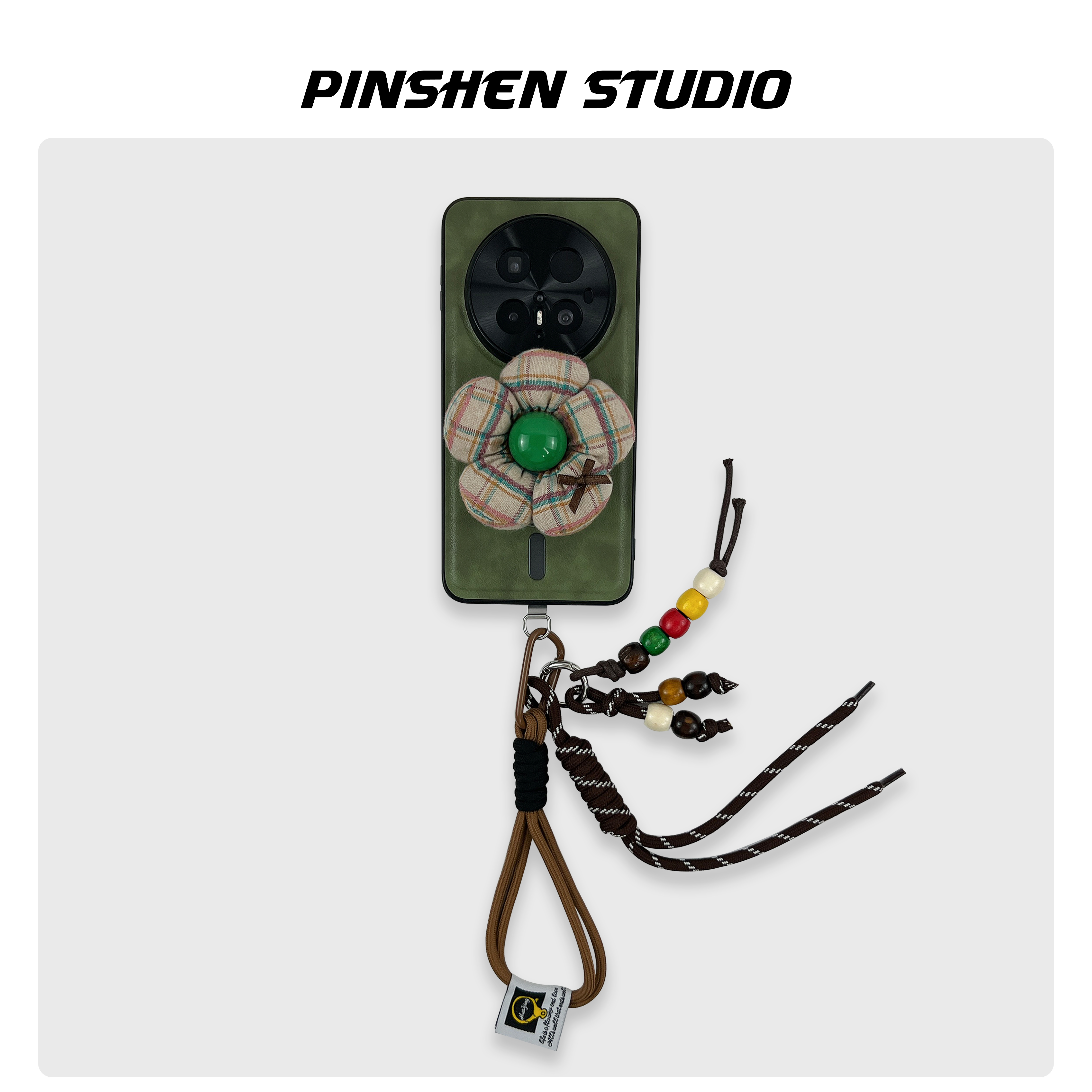 苔绿色花朵磁吸支架手提绳手机壳