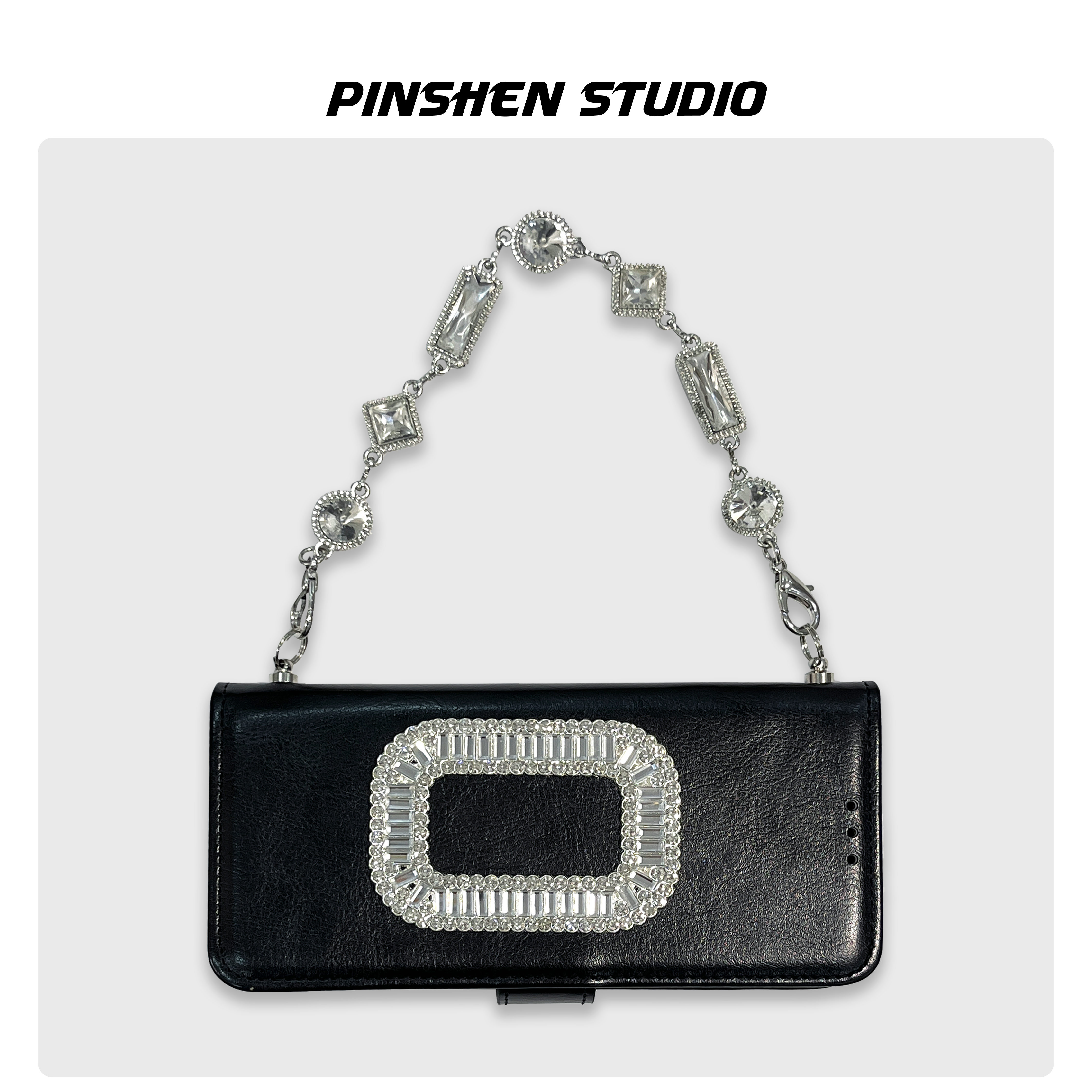 磁吸翻盖方扣水钻链条手提手机壳