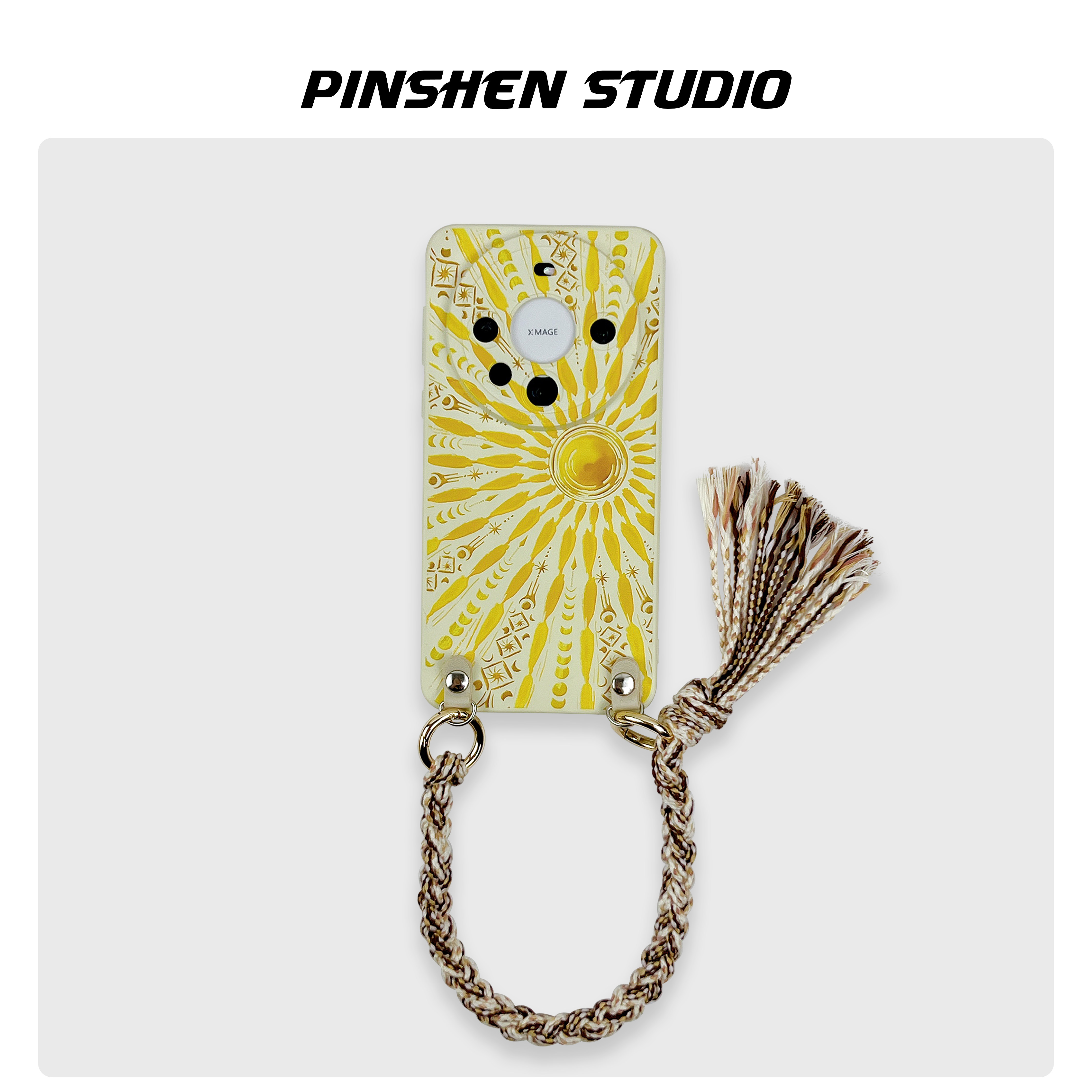 品申原创小众古董白涂鸦金色阳光手提编织绳适用iphone17pr