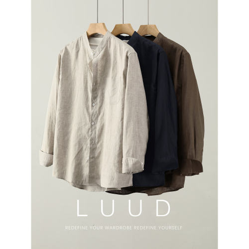 LUUD 100%纯亚麻薄款透气中山领长袖衬衫男春夏复古老钱立领衬衣