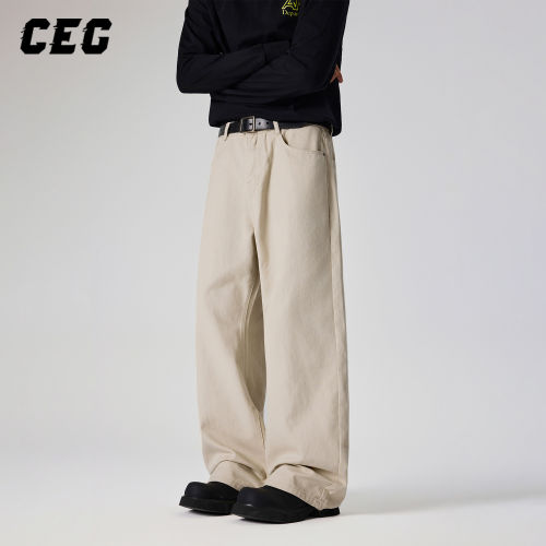 CEGFFH美式复古水洗杏色牛仔裤男女情侣宽松直筒阔腿长阔腿裤子