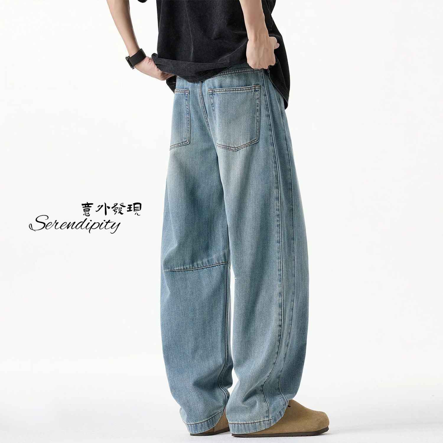 浅蓝色弯刀牛仔裤男款2026新款夏季宽松百搭男生阔腿裤休闲裤子潮