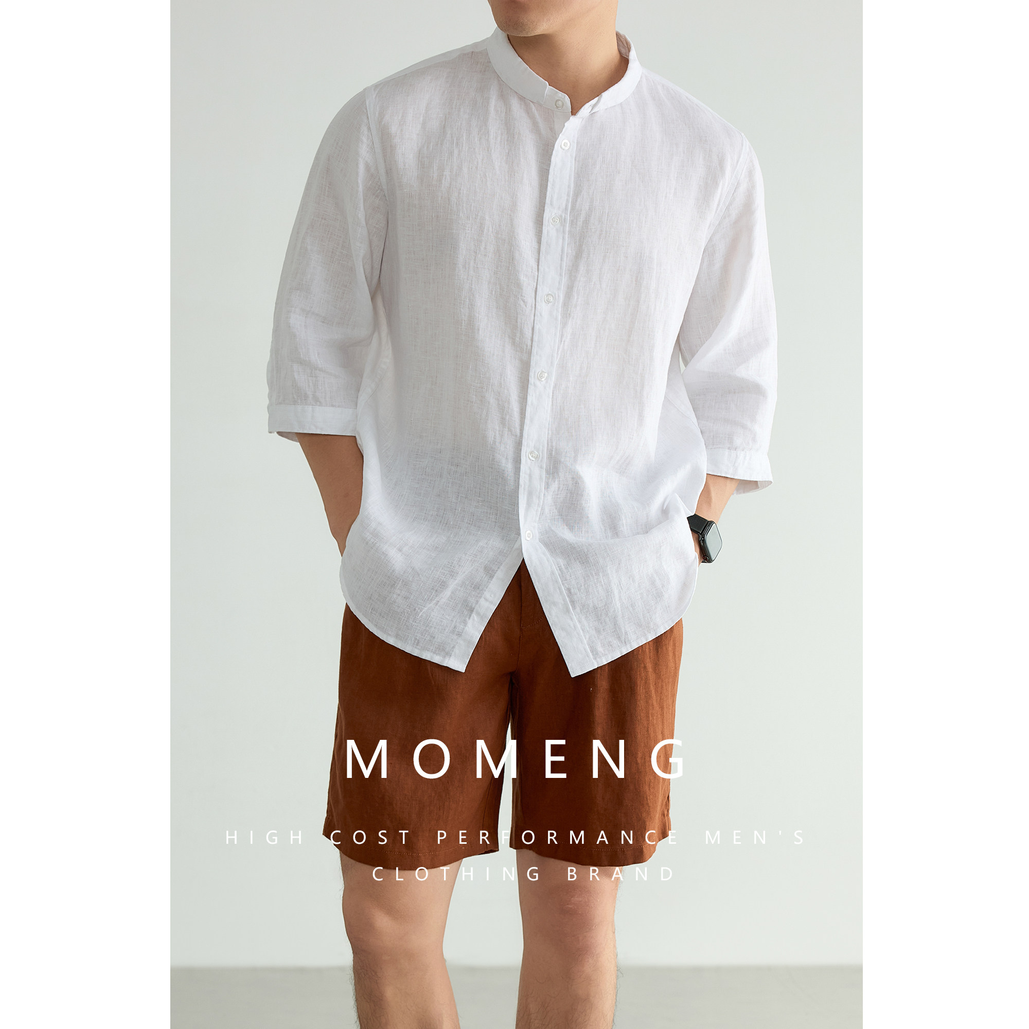 【意式亚麻】MOMENG夏季商务休闲立领100%亚麻衬衫男士七分袖衬衣