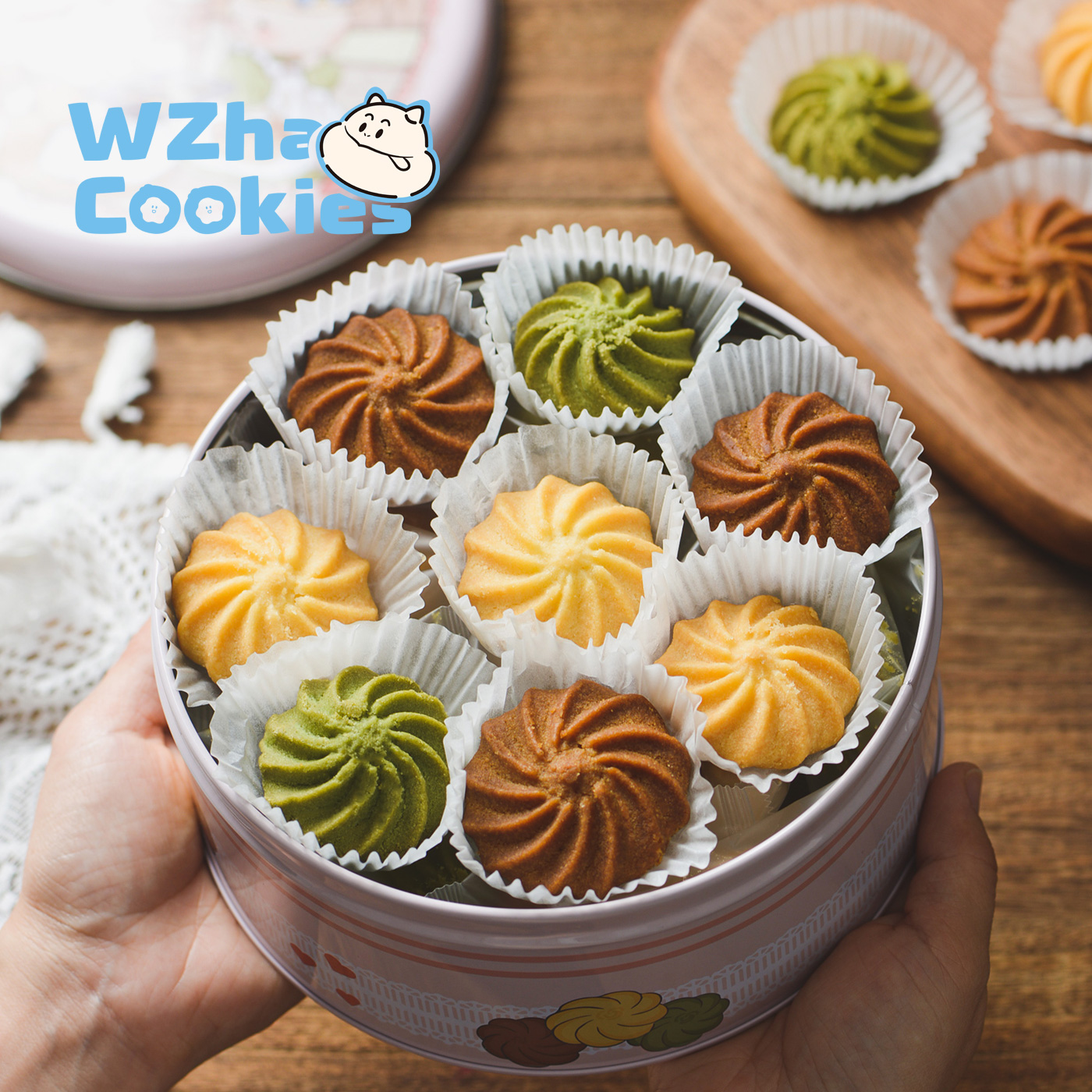 武吒·3拼黄油小花曲奇饼干 原味/抹茶/海盐咖啡香港名师手作茶点